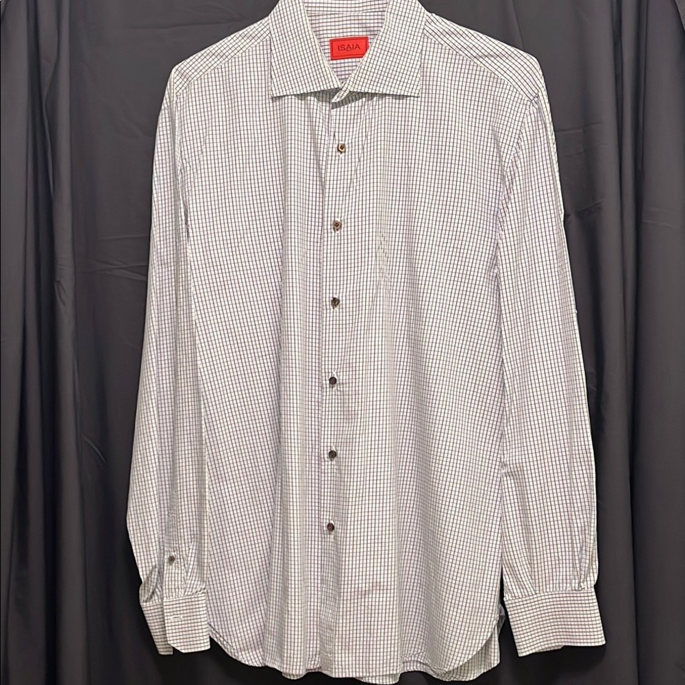 Isaia Men's 17.5/44 Blue/Brown 100% Cotton Checkered Long Slv Button-down Shirt